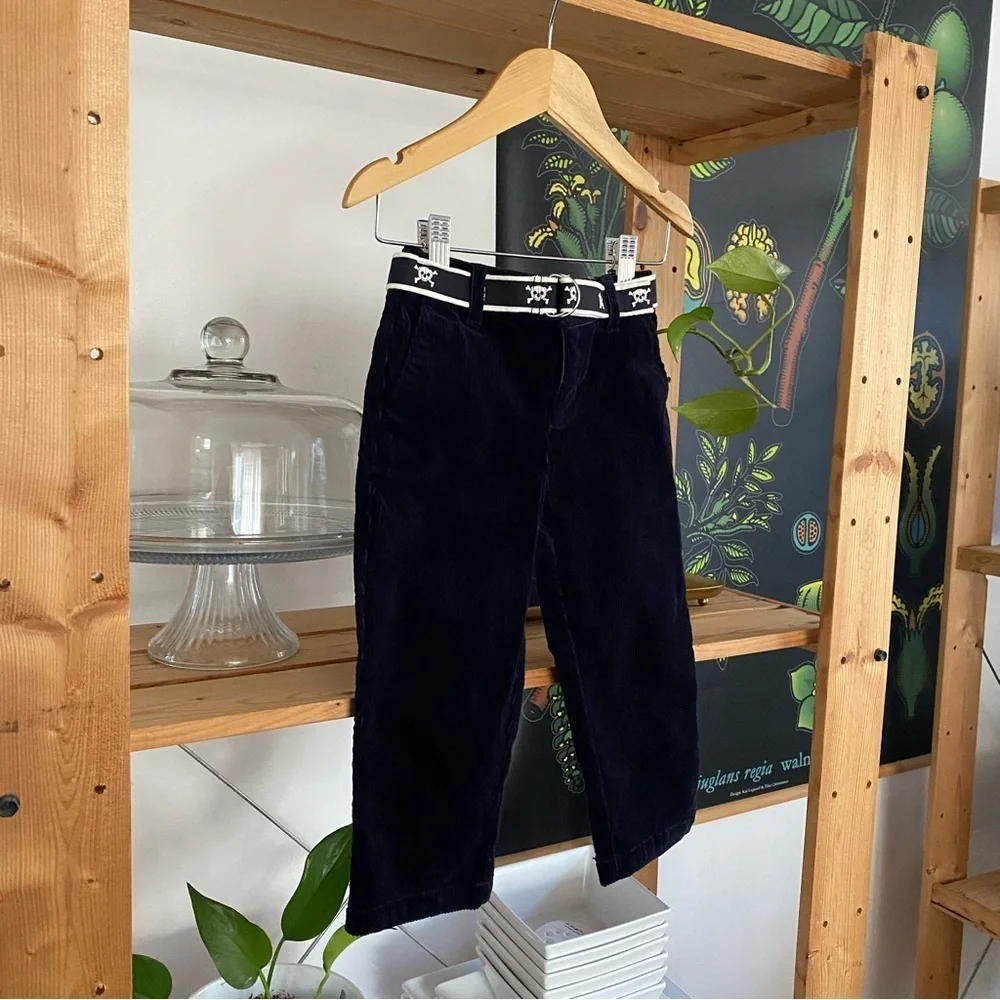 Ralph Lauren Navy Blue Corduroy Pants With Skull Logo Belt 24 months